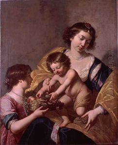 Virgin and child with a girl holding a basket of fruit
