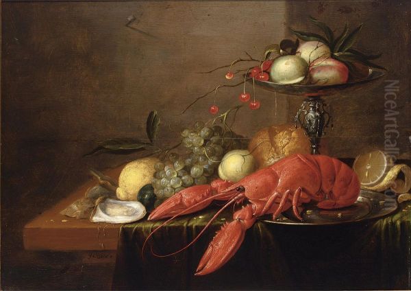 Still life with a lobster on a pewter plate, a silver tazza with fruits, oysters and a bun, on a wooden table draped with a green cloth Oil Painting by Philips Gijsels