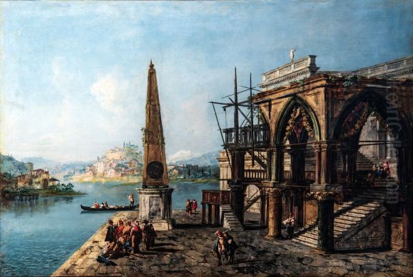 Capriccio with Gothic Building and Obelisk Oil Painting by Michele Marieschi