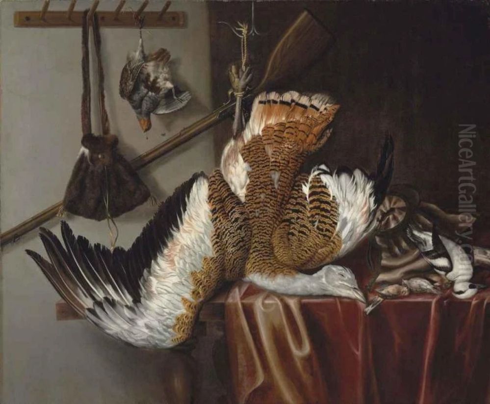 A Great Bustard and a Partridge suspended from strings, with a Smew and three songbirds on a partially draped table, with a rifle and hunting bag Oil Painting by Jacob Biltius