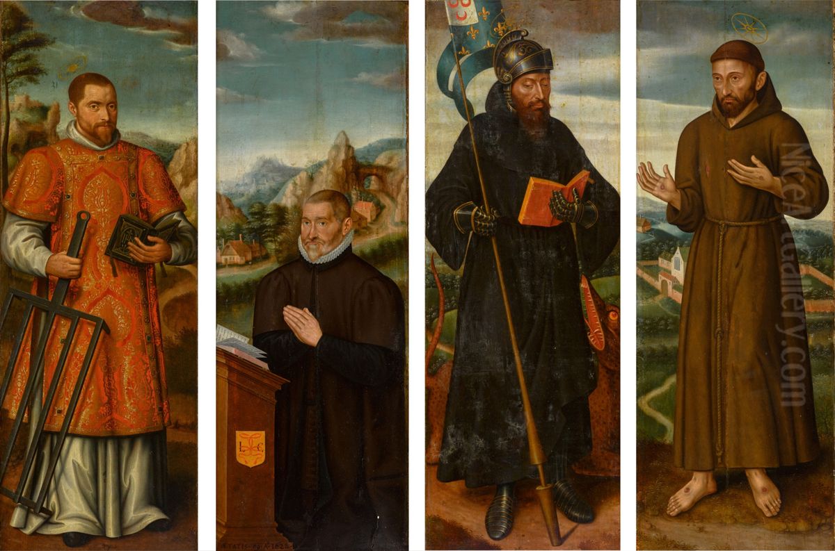 Saints Lawrence, George and Francis of Assisi with donor Oil Painting by Jan Claeissens