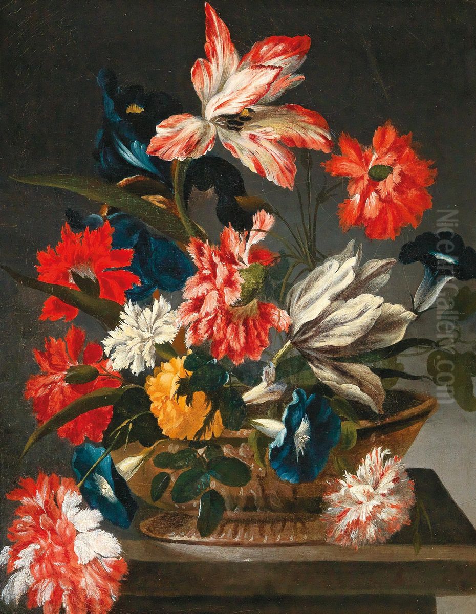 Flowers in a decorative vase on a stone ledge Oil Painting by Francesco Caldei