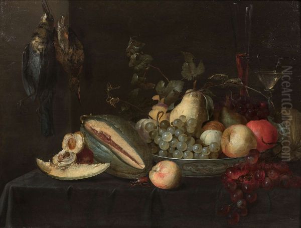 Cup of fruit on an entablature and hanging bird Oil Painting by Pieter Van Overschie