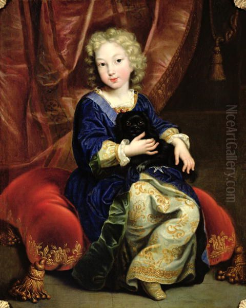 Philippe de France duc d'Anjou (1683-1746), represente enfant en 1686 tenant un chien dans ses bras en 1686 Oil Painting by Pierre Mignard I