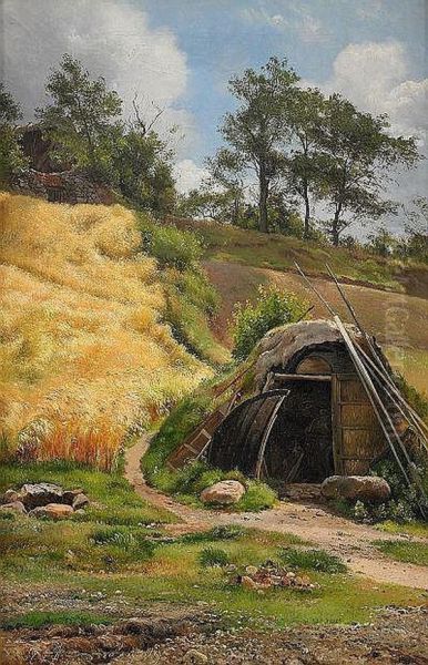 Sunlit landscape with a shelter. Oil Painting by Carl Frederik Aagaard