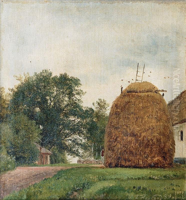 Summer in the country with a haystack. Oil Painting by Carl Frederik Aagaard