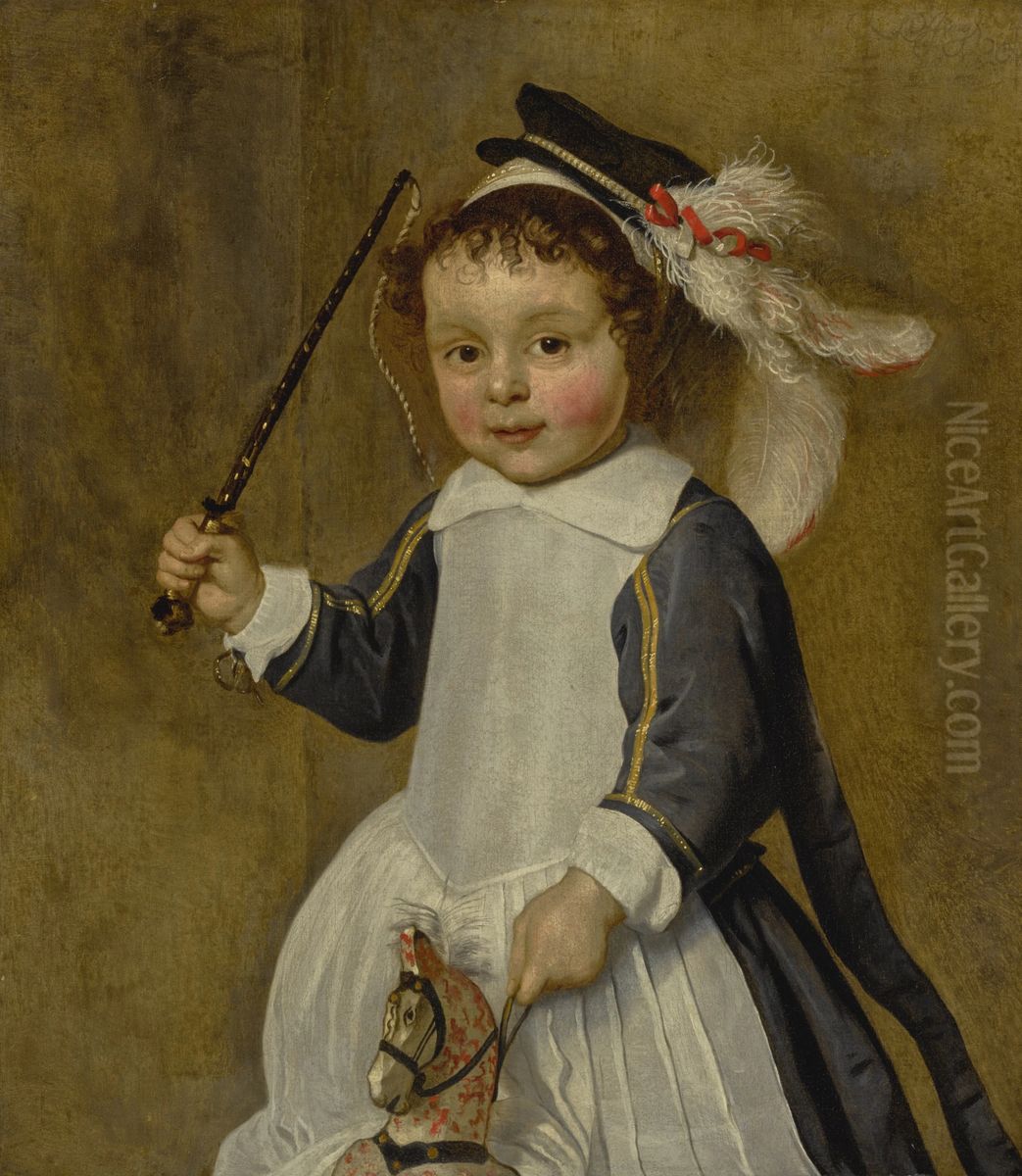 Portrait of a young boy on a hobby horse, three-quarter length Oil Painting by Ludolf de Jongh