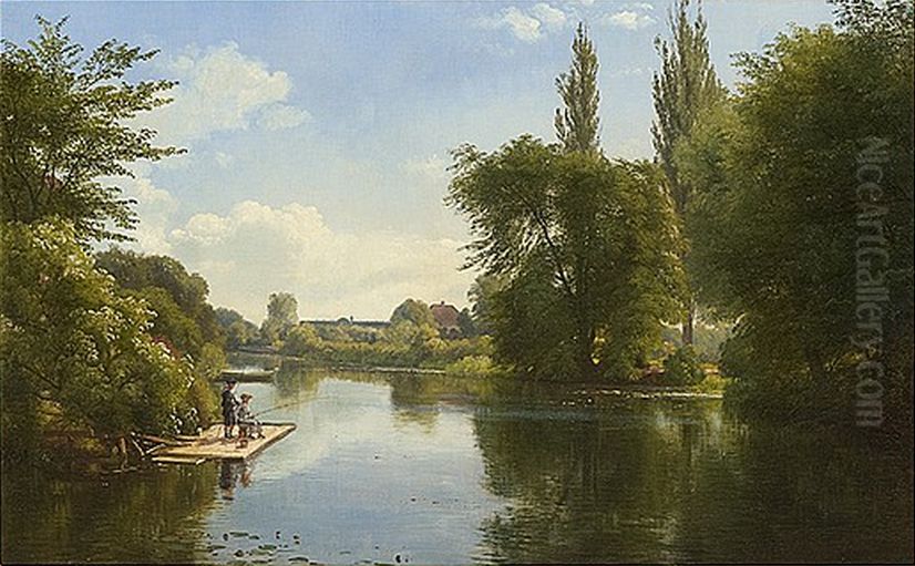Fishing from the Dock. Oil Painting by Carl Frederik Aagaard
