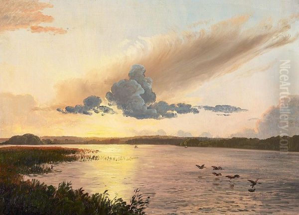A lake at sunset. Oil Painting by Carl Frederik Aagaard
