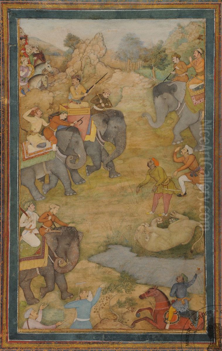 Emperor Jahangir showing his hunting skill to Rana Karan Oil Painting by Nanha