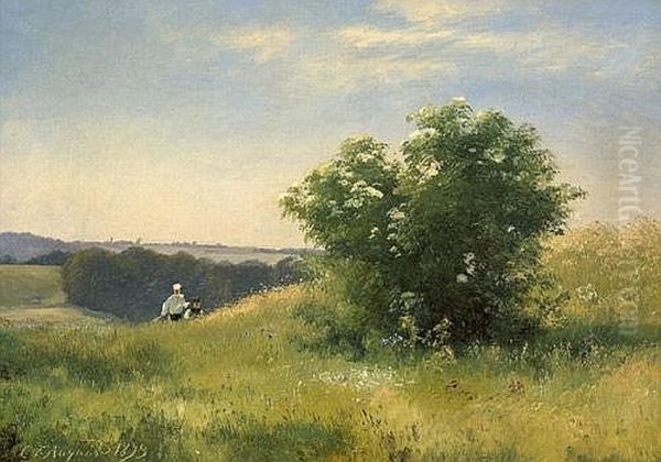 Forarslandskab med hyldebusk. Oil Painting by Carl Frederik Aagaard