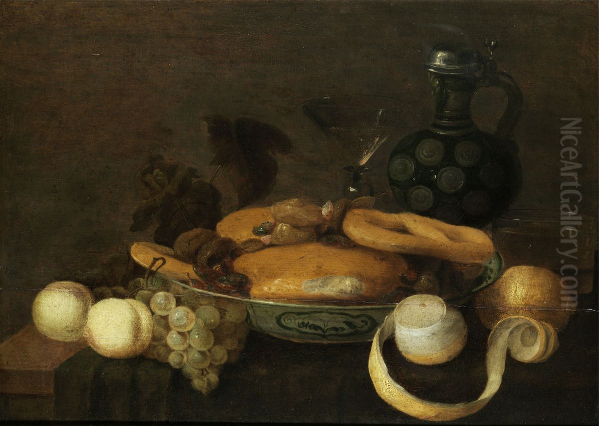 Kitchen still life with pastries, fruits, carafe and glasses Oil Painting by Pieter Van Overschie