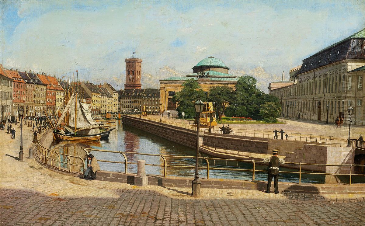 View across the canal towards Hojbro Plads. Oil Painting by Adolf Heinrich-Hansen