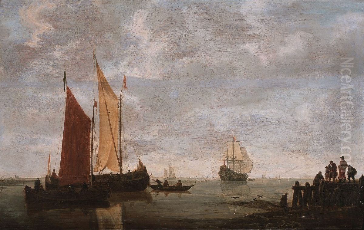 Sailing boats at the shore. Oil Painting by Simon De Vlieger