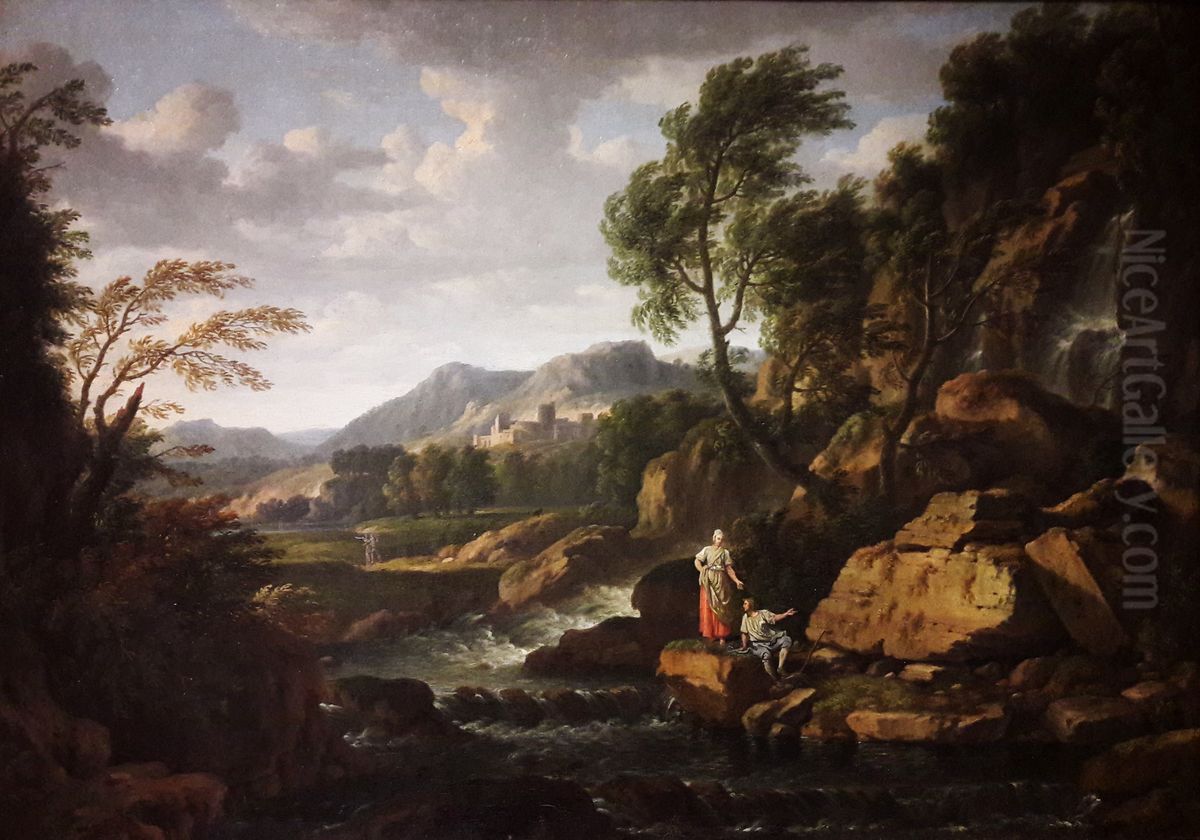 Landscape with a waterfall and rocks. Oil Painting by Gaspard Dughet