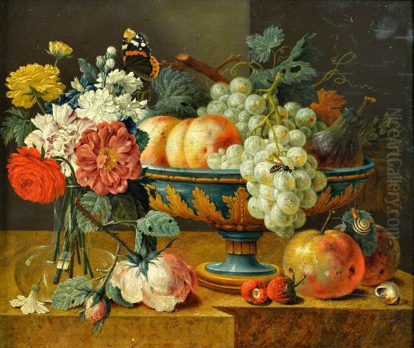Fruit bowl with flowers. Oil Painting by Jan Davidsz. De Heem