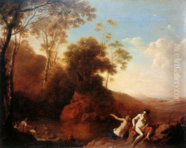 Diana with her nymphs discovers the pregnancy of Callisto. Oil Painting by Dirck Van Der Lisse