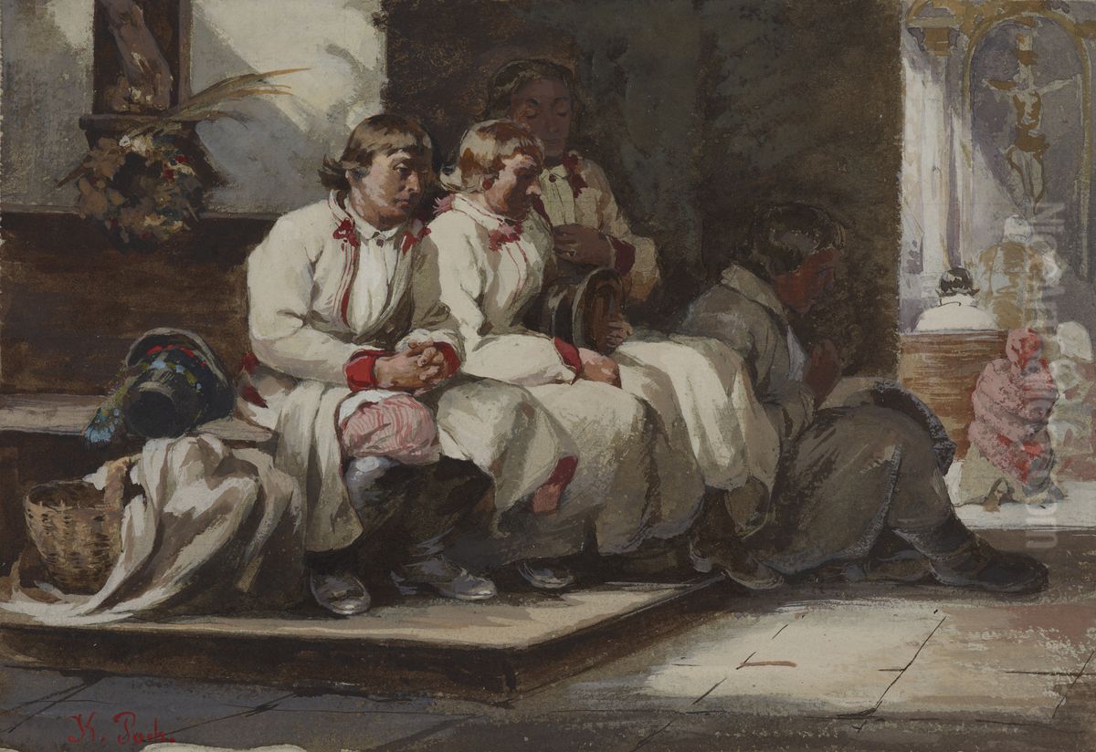 In the Church Porch Oil Painting by Kazimierz Pochwalski