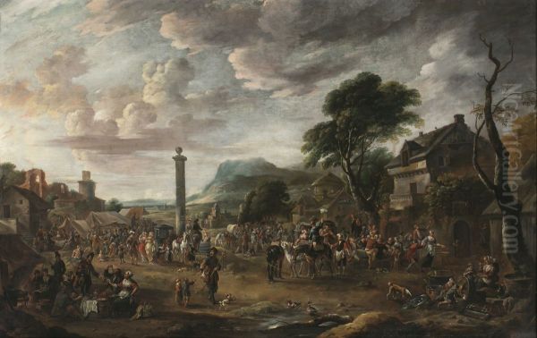 Busy market square of a village in the mountains Oil Painting by Anton Goubau