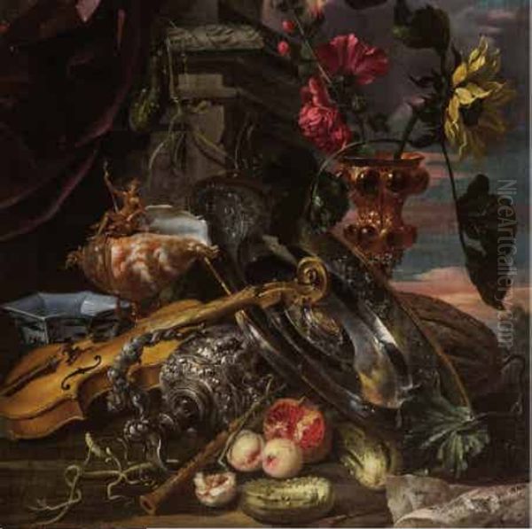 Still life with violins, silverware and fruit Oil Painting by Pieter Boel