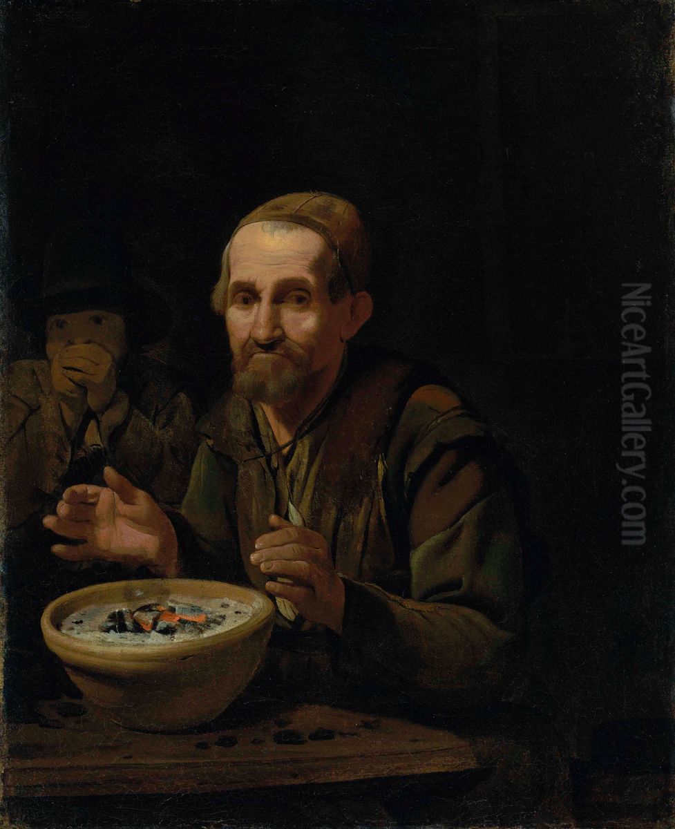A beggar warming his hands on a pot of coal, with a boy in an interior Oil Painting by Michiel Sweerts