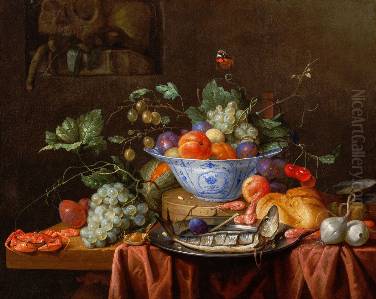 Pronk Still Life with Fruit in a Wan-Li Porcelain Bowl, with a Herring on a pewter Plate, a Bread Roll, Onions, a Crab and Shrimps on a Table and a Vanitas Still Life with a Skull in a Niche Oil Painting by Joris Van Son