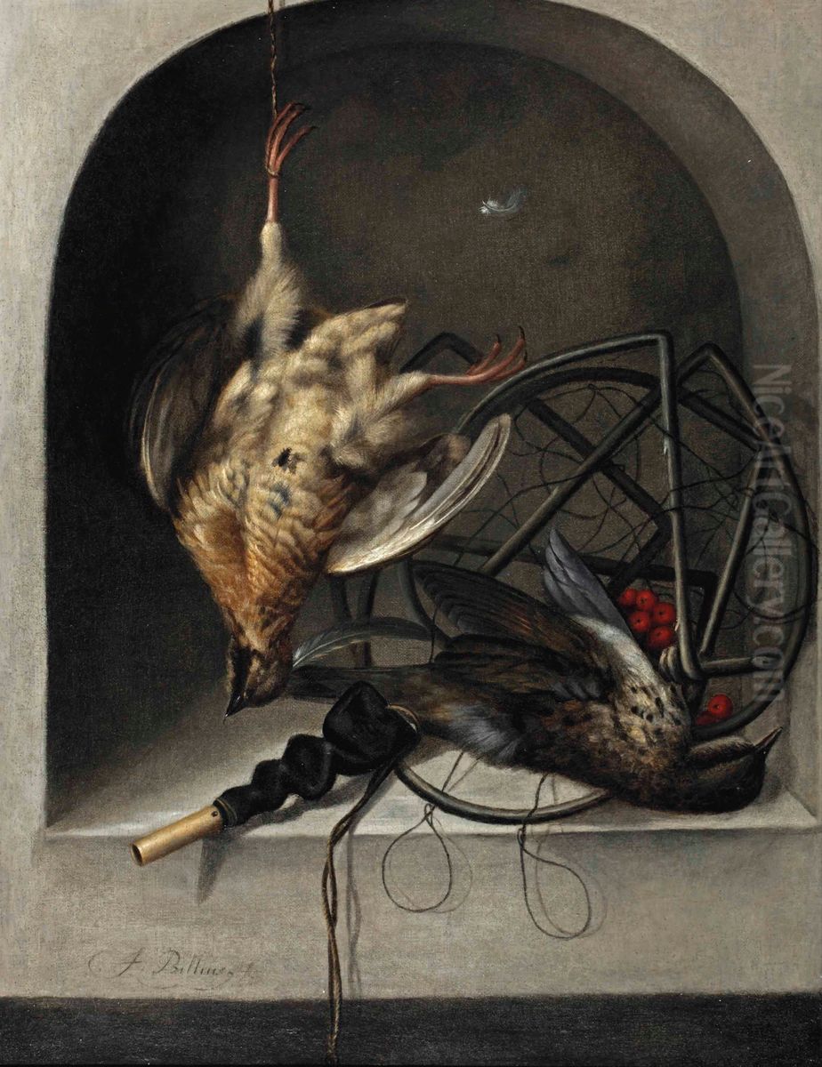 A partridge suspended from a nail, a starling, a trap and whistle in a stone niche Oil Painting by Jacob Biltius