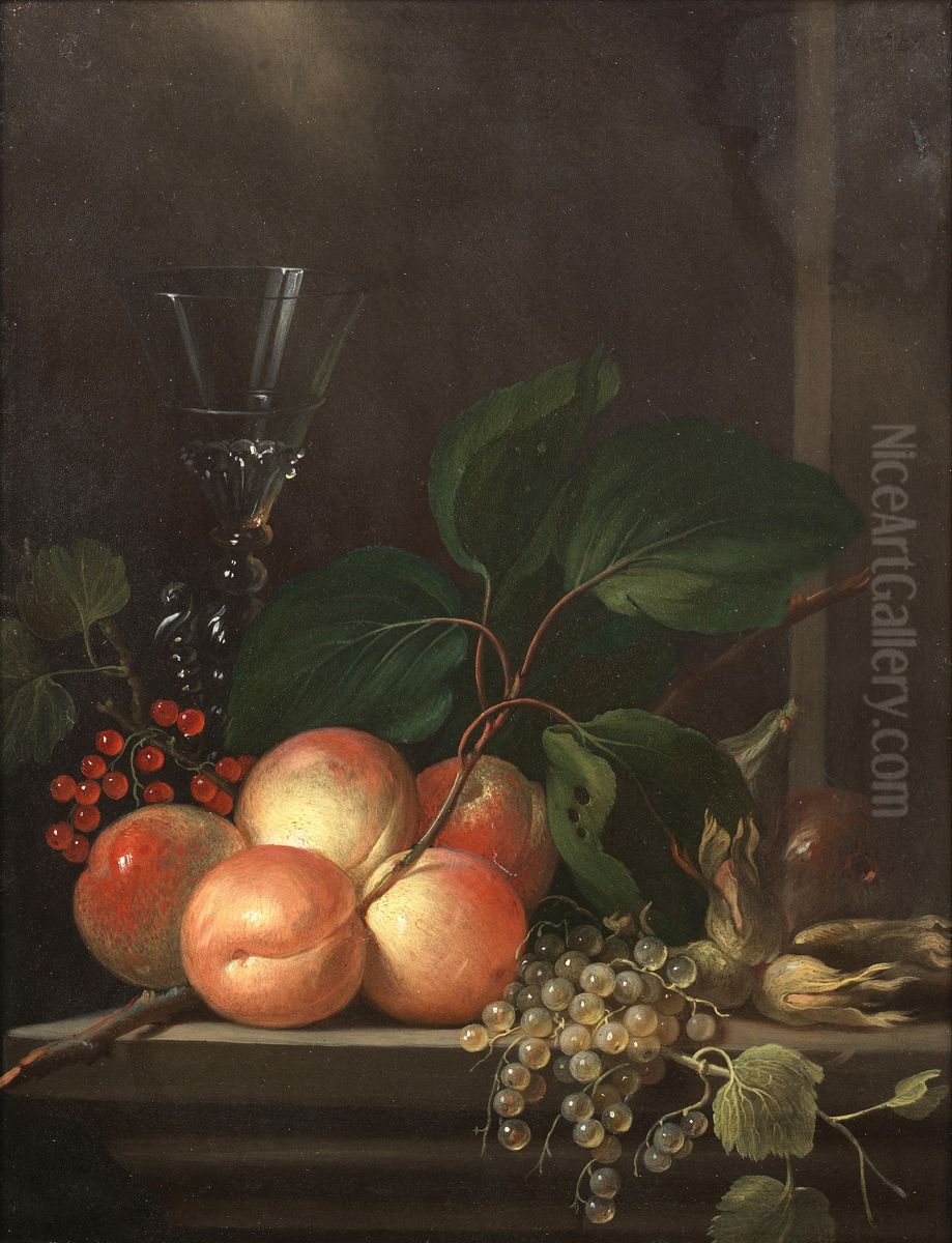 Peaches, grapes, redcurrants, white currants, hazelnuts and a glass on a stone ledge Oil Painting by Michel Bouillon