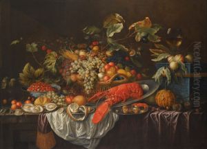 Still Life of Assorted Fruits in a Basket, a Roemer and Apples atop a Blue Jewellery Casket, Together with Fraises-de-bois in a Blue-and-white Bowl