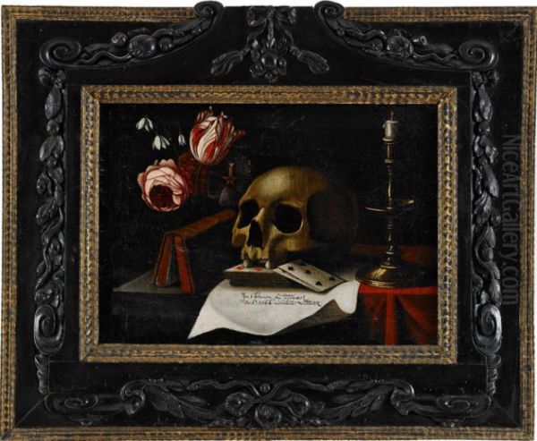 Vanitas still life with skull, playing cards, candle and flowers Oil Painting by Carel Fonteyn