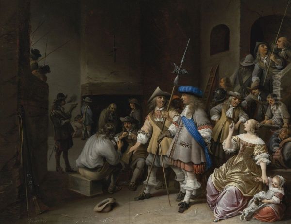 Guardroom Interior with a Company of Pikemen, card players, and a woman with a child Oil Painting by Anthonie Palamedesz.