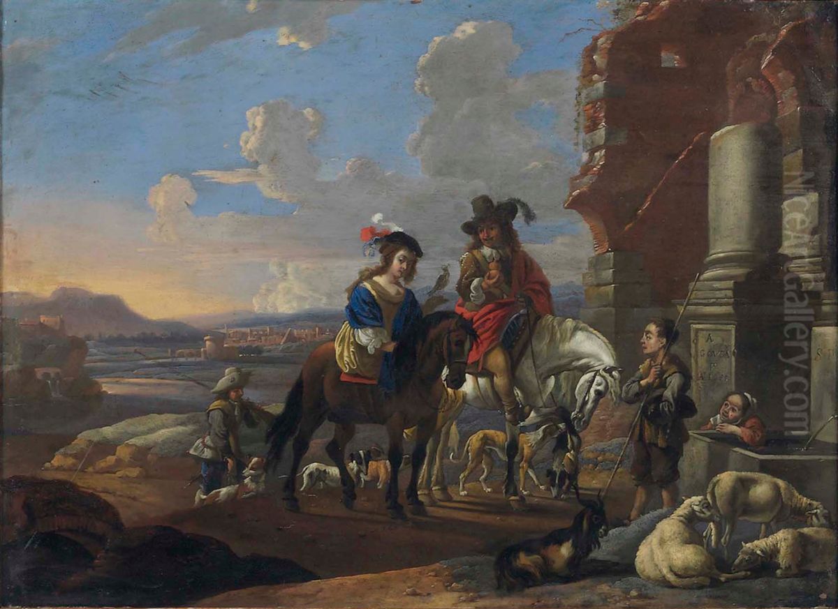 A hawking party beside classical ruins Oil Painting by Anton Goubau