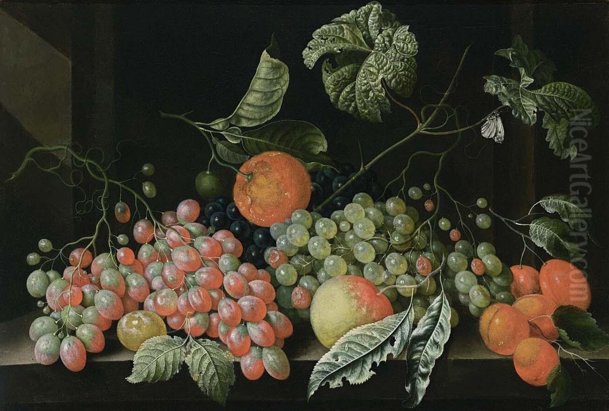 Still life with grapes, a tangerine, an apple, prunes and apricots, all on a stone ledge Oil Painting by Cornelis De Bryer