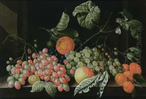Still life with grapes, a tangerine, an apple, prunes and apricots, all on a stone ledge