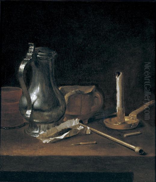 Toebackje still life with pewter jug, tobacco, pipe and candle Oil Painting by Theodoor Smits