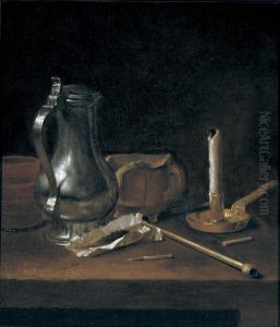 Toebackje still life with pewter jug, tobacco, pipe and candle