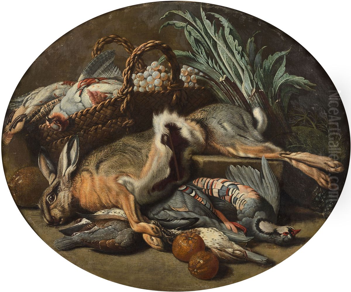 Still life with a hare, birds and a fruit basket Oil Painting by Jacob van der (Giacomo da Castello) Kerckhoven