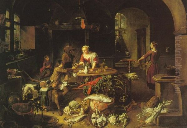 A kitchen interior with a servant girl receiving mussels from a young man Oil Painting by Jan Van Buken