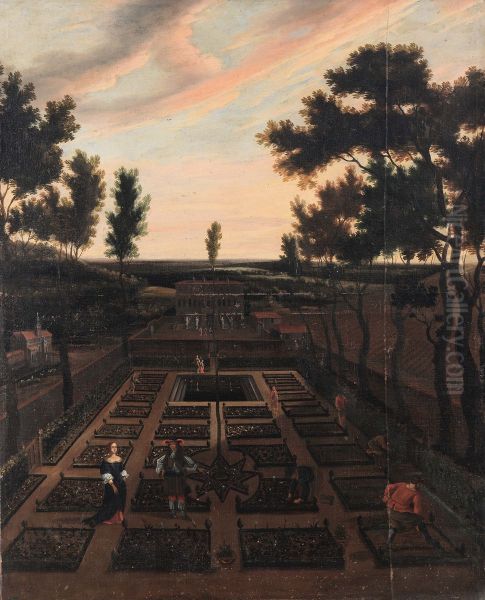 Landscape with figures tending a garden Oil Painting by Melchior Hamers
