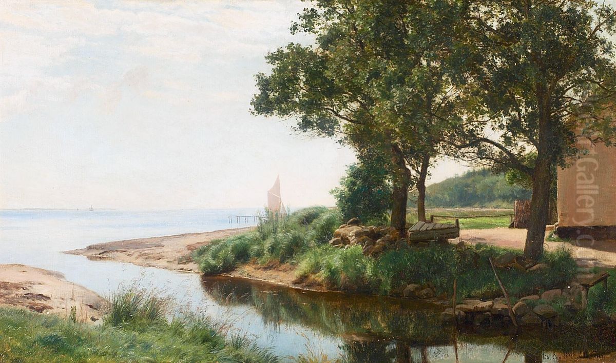 Kystparti med sejlskib og hus ved audlob. Oil Painting by Janus Andreas Bartholin La Cour