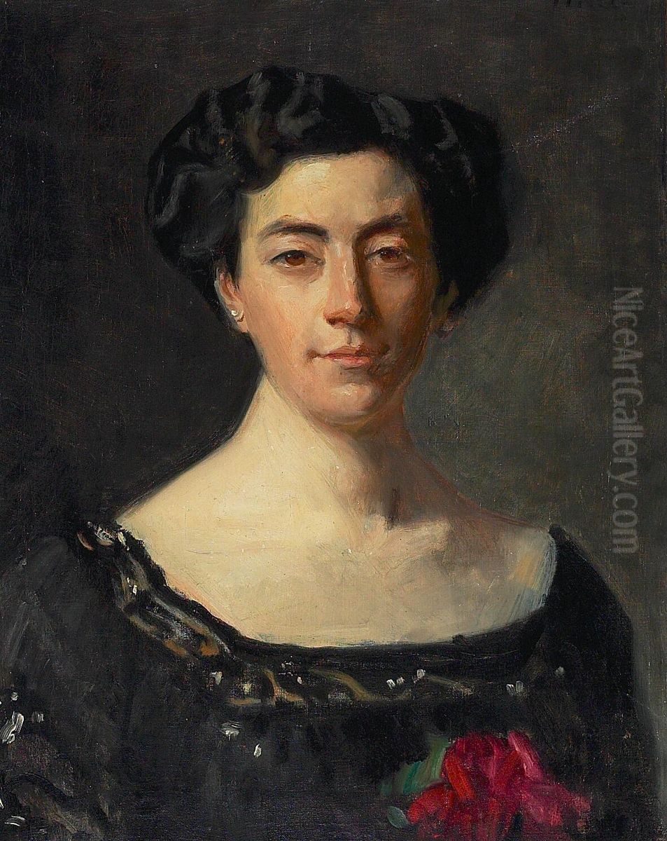 Portrait of Miss Neergaard in a black dress. Oil Painting by Michael Peter Ancher