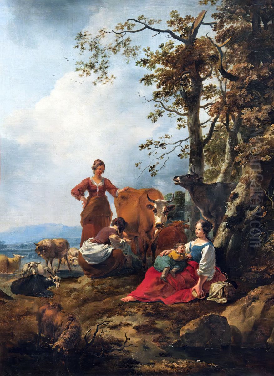 Landscape with peasant women and herds Oil Painting by Nicolaes Pieterszoon Berchem