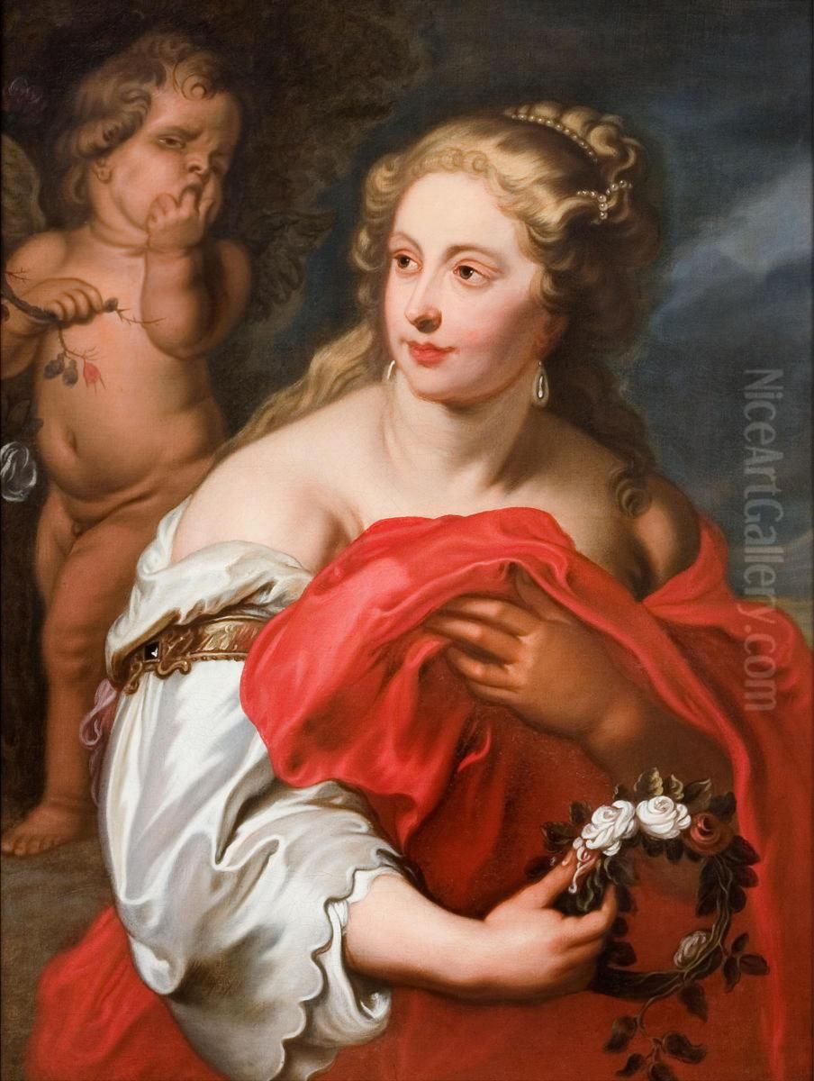Woman with guirlande and a putto who hurt his hand on a thorn branch Oil Painting by Theodoor van Thulden