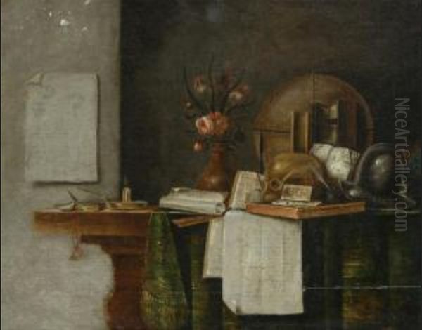 Vanitas still life with a skull, a globe and a bouquet of flowers Oil Painting by Godfriedt Van Bochoutt