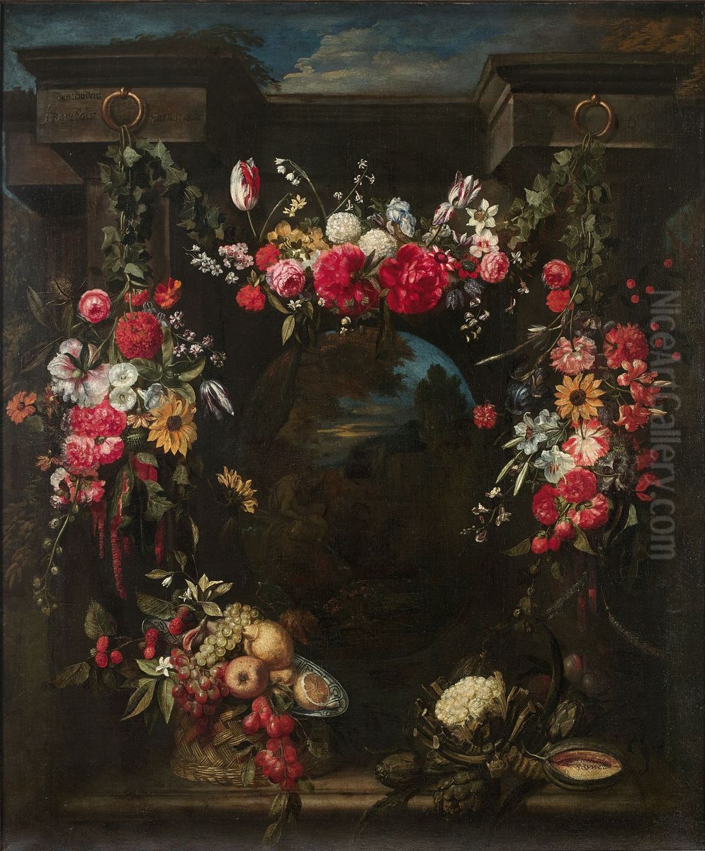 Garland of flowers, fruits and vegetables surrounding a landscape with a river god Oil Painting by Frans Ykens