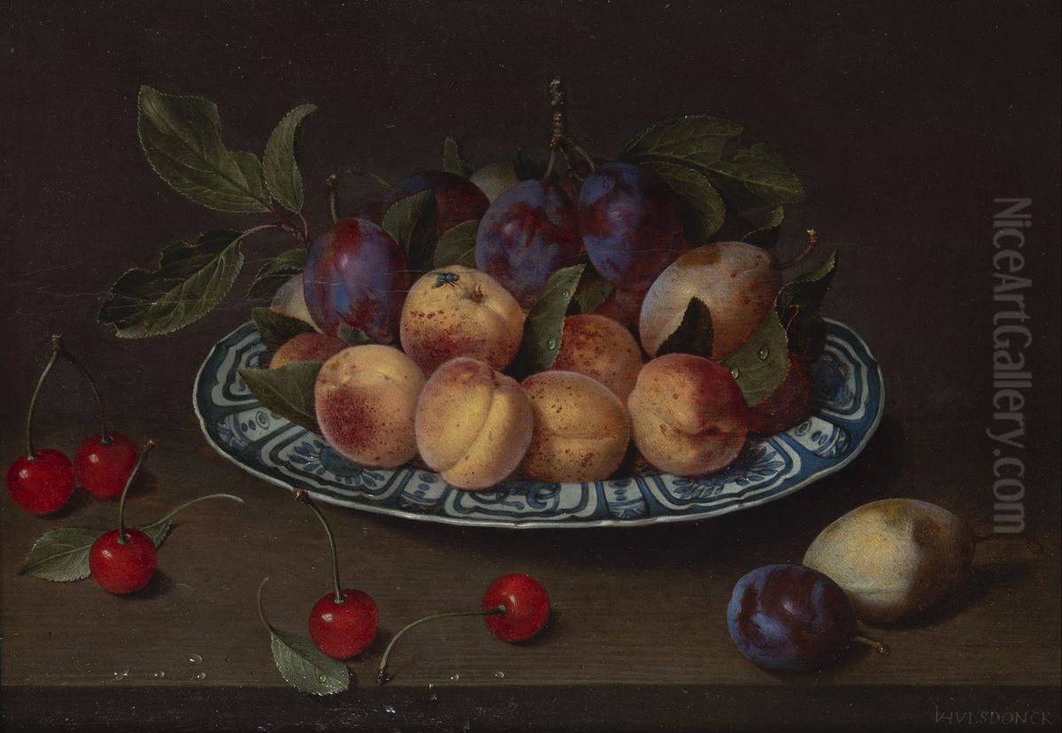 Platter of plums, peaches and pears with cherries on a table Oil Painting by Jacob van Hulsdonck