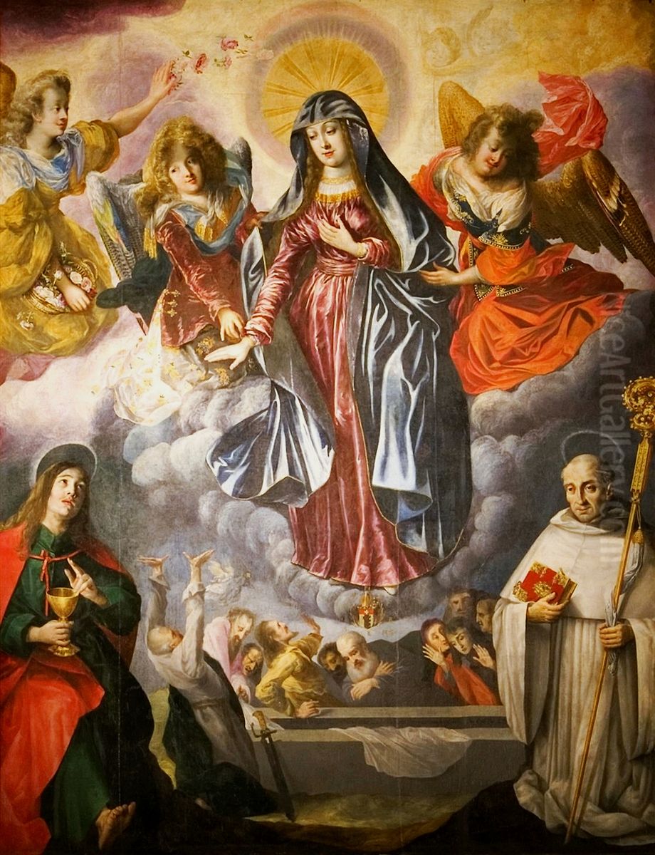 Assumption of Mary with St. John the Evangelist, St. Bernard of Clairvaux and the apostles at the tomb. Oil Painting by Bartlomiej Strobel