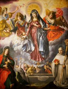 Assumption of Mary with St. John the Evangelist, St. Bernard of Clairvaux and the apostles at the tomb.