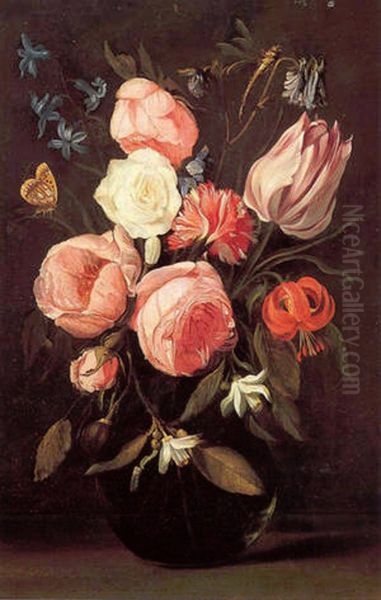 Flowers in a glass vase Oil Painting by Jan Philip van Thielen