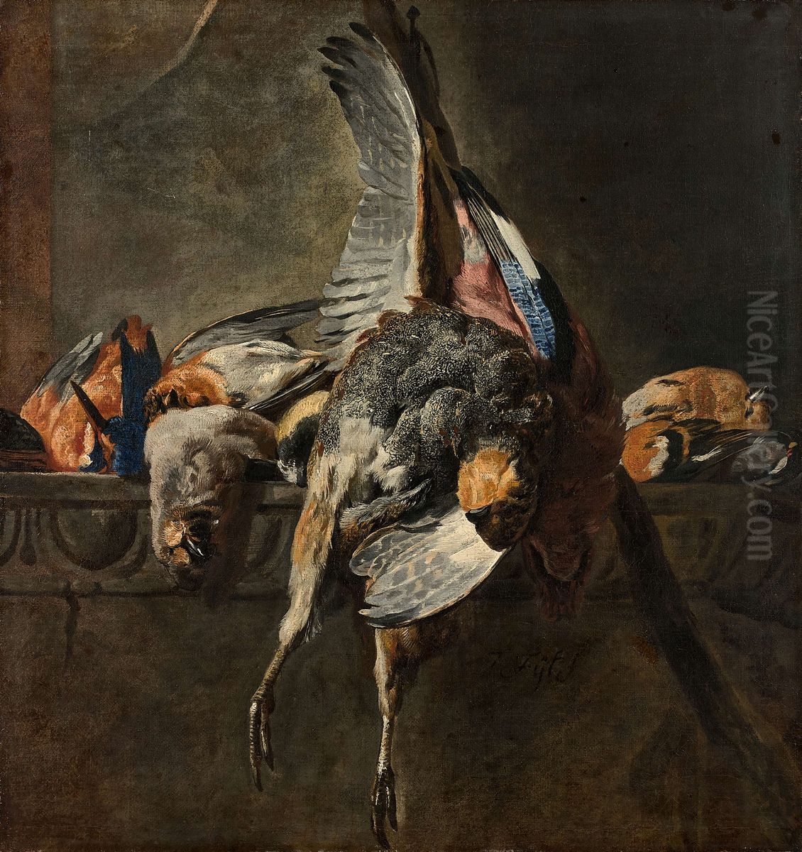 A partridge, a jay and a kingfisher on a ledge Oil Painting by Pieter Boel